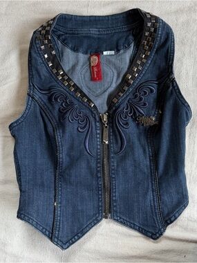 VTG S Apple Bottoms Studded Denim Vest Embroidered Y2K McBling Gilt Back Cutout